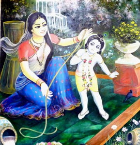 Krishna and Mother Yashoda / Wallpainting Krsna Balaram Mandir